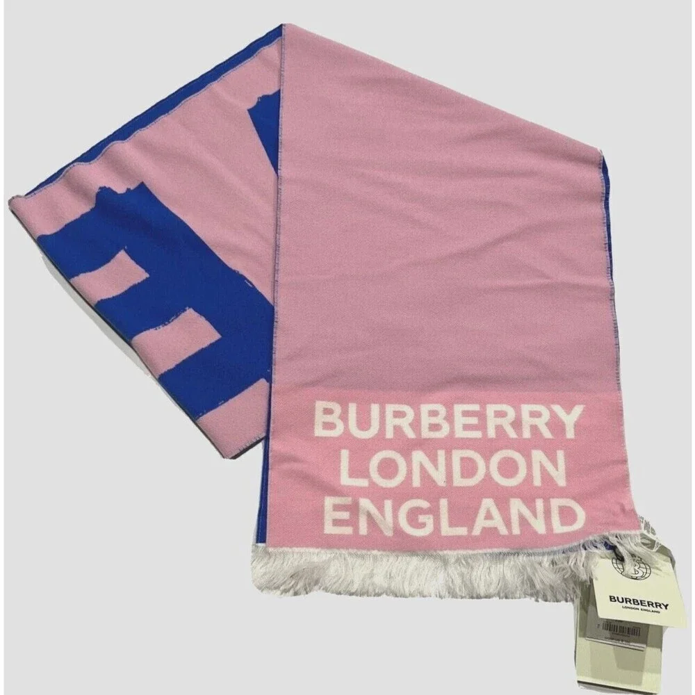Burberry Love Wool Silk Jacquard Blend Football Scarf Frosted Pink
